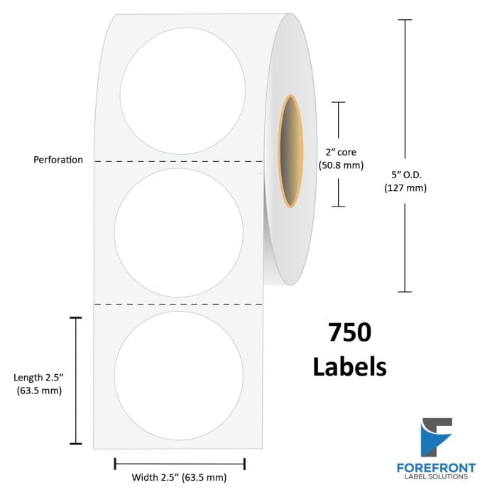 2.5" Circle Gloss Polypropylene Label - 750/Roll